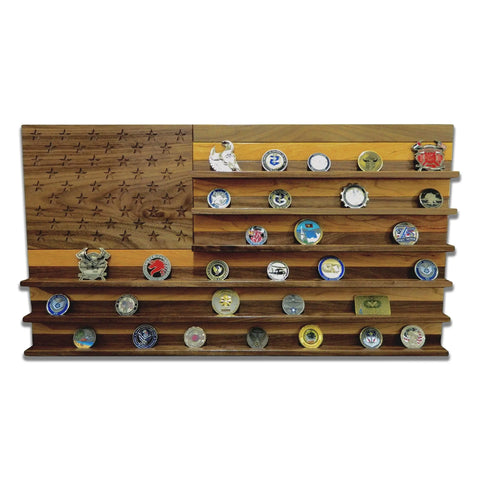 The Legacies of America Woodworking Company’s American Flag Challenge Coin Display – Walnut & Cherry features engraved stars, horizontal grooves for coins, and a patriotic U.S. flag shape—all proudly American made.