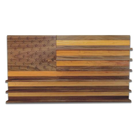 The Legacies of America Woodworking Company’s American Flag Challenge Coin Display - Walnut & Cherry features engraved stars, alternating walnut and cherry stripes, and a rustic finish—perfect for showcasing your challenge coins.
