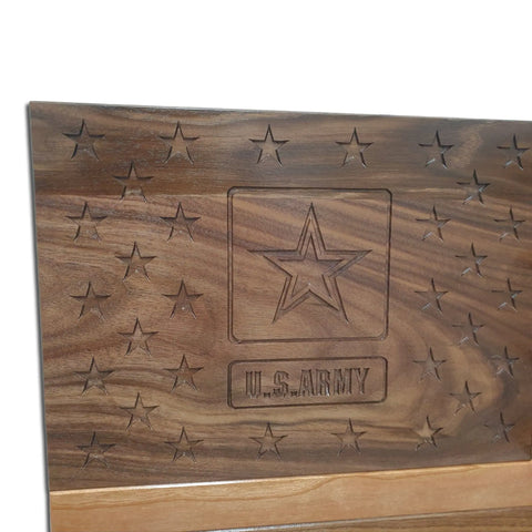 The American Flag Challenge Coin Display – Walnut & Cherry by Legacies of America Woodworking Company features engraved stars and the U.S. Army logo. Proudly American made, its rich wood grain makes it perfect for service members and collectors.