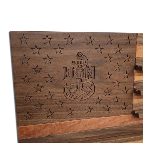 The American Flag Challenge Coin Display by Legacies of America Woodworking Company features walnut and cherry wood in a two-tone design, engraved stars, and the U.S. Navy Chief Petty Officer anchor insignia with USN centered.