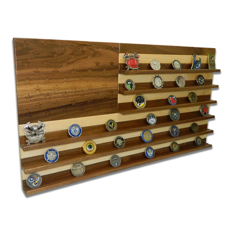 Showcase your collection with the American Flag Challenge Coin Display - Walnut & Maple by Legacies of America Woodworking Company, featuring engraved stars and shelves. Proudly American made to honor your achievements.