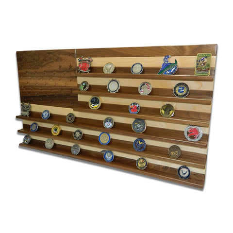 The Legacies of America Woodworking Companys American Flag Challenge Coin Display in walnut and maple showcases military challenge coins in horizontal rows, with coin designs visible on the flags stripes.