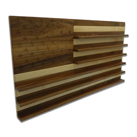 Showcase your collection with the Legacies of America Woodworking Company’s American Flag Challenge Coin Display—crafted from walnut and maple, engraved stars, and striped shelves create a striking, American-made tribute.