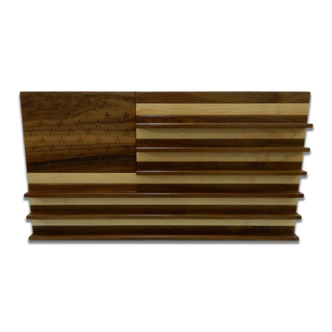 The American Flag Challenge Coin Display - Walnut & Maple by Legacies of America Woodworking Company features carved stars, alternating walnut and maple stripes, raised ledges for coins, and is proudly American made and veteran built.