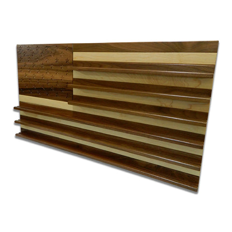 Showcase your coins with the American Flag Challenge Coin Display - Walnut & Maple by Legacies of America Woodworking Company, featuring engraved stars, alternating walnut and maple stripes, and three shelves for display. Proudly American made.