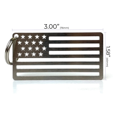 The Arotags American Flag Stainless Steel Key Chain features a cut-out US flag design, measures 3 x 1.58, and comes with an attached keyring. Made in the USA by Arotags.