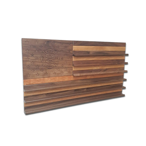 The American Flag With Firefighter Cross Challenge Coin Display in walnut & cherry by Legacies of America Woodworking Company is handcrafted by veterans, featuring engraved firefighter emblem and stripes—American made and veteran built.