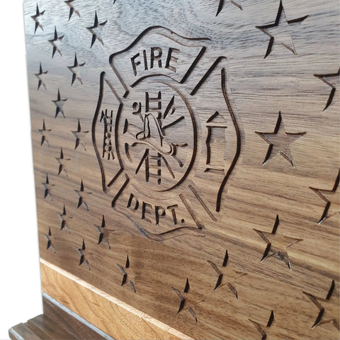 Close-up of Legacies of America Woodworking Companys American Flag With Firefighter Cross Challenge Coin Display in walnut and cherry, American Made-Veteran Built™—the perfect pairing with your polished dark wood décor.