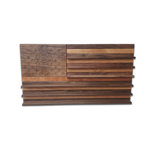 Handcrafted by veterans, the Legacies of America Woodworking Companys American Flag With Firefighter Cross Challenge Coin Display in walnut and cherry features a carved firefighter emblem and Fire and Liberty for a standout, American-made display.