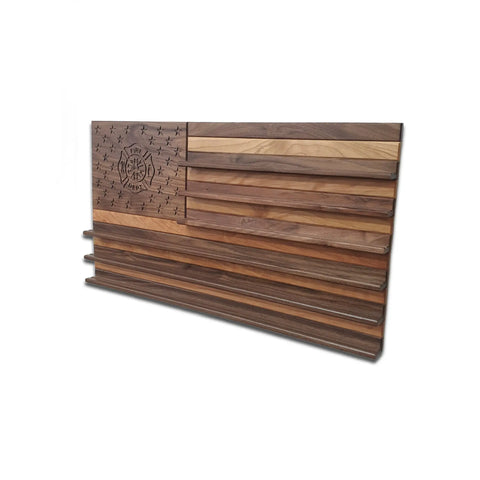 The American Flag With Firefighter Cross Challenge Coin Display—crafted from walnut and cherry by Legacies of America Woodworking Company—is a Veteran Built™, American-made wall art that honors firefighters.