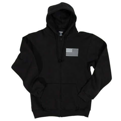 The Proudly USA American Flag - Zipper Hoodie Sweatshirt (Black) features a left chest black and white flag graphic, front pocket, drawstring hood, and classic style—proudly made in the USA.