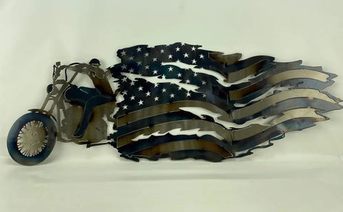 American-Made Metal Wall Art – Motorcycle Rider with Tattered Flag Design | Home Decor Made in USA Knights Home Decor  item