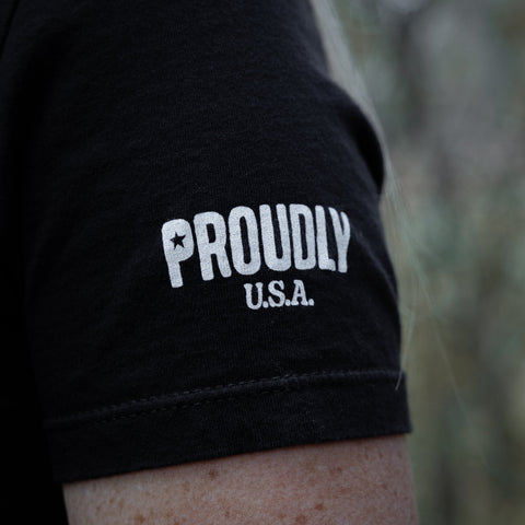 Women’s Black Cotton T-Shirt – American Flag Graphic – Made in USA Proudly USA  T-shirt