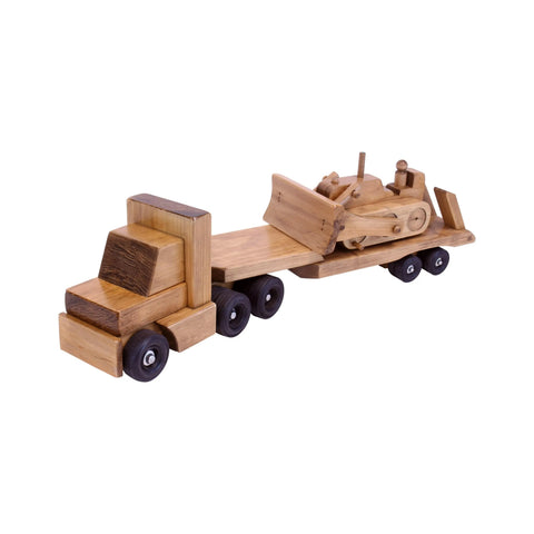 Amish Craftsman Wooden Toy Truck and Lowboy Flatbed with Movable Bulldozer Set | Made in USA Amish Toy Box  Wooden Toys,Trains, Trucks and Things