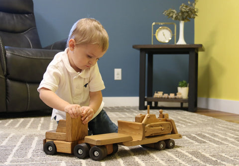 Amish Craftsman Wooden Toy Truck and Lowboy Flatbed with Movable Bulldozer Set | Made in USA Amish Toy Box  Wooden Toys,Trains, Trucks and Things