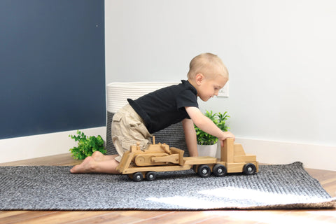Amish Craftsman Wooden Toy Truck and Lowboy Flatbed with Movable Bulldozer Set | Made in USA Amish Toy Box  Wooden Toys,Trains, Trucks and Things