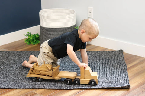 Amish Craftsman Wooden Toy Truck and Lowboy Flatbed with Movable Bulldozer Set | Made in USA Amish Toy Box  Wooden Toys,Trains, Trucks and Things