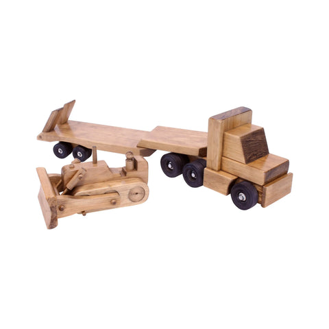 Amish Craftsman Wooden Toy Truck and Lowboy Flatbed with Movable Bulldozer Set | Made in USA Amish Toy Box  Wooden Toys,Trains, Trucks and Things