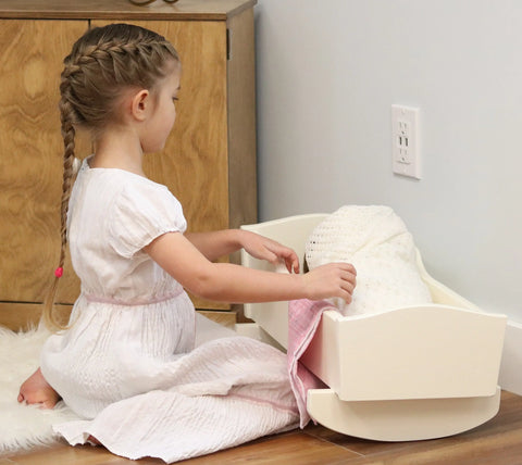 Amish Handmade Wooden Doll Cradle 21 Inch – Rebekah’s Collection with Floral Bedding | Made in USA Amish Toy Box  Doll Furniture