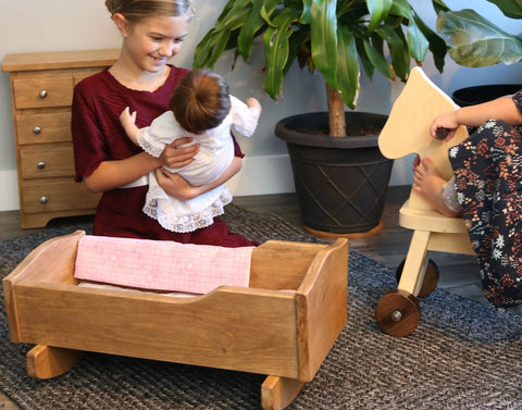 Amish Handmade Wooden Doll Cradle 21 Inch – Rebekah’s Collection with Floral Bedding | Made in USA Amish Toy Box  Doll Furniture