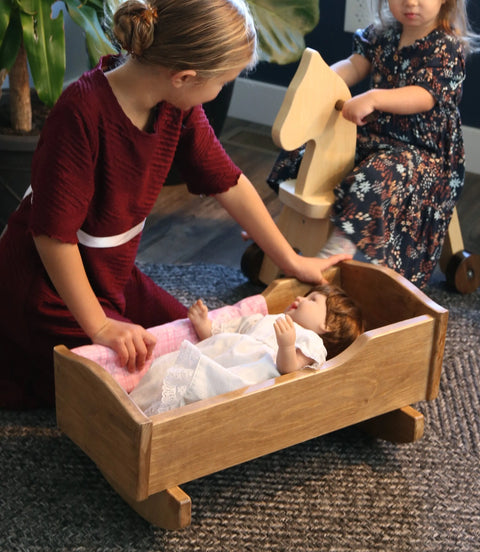 Amish Handmade Wooden Doll Cradle 21 Inch – Rebekah’s Collection with Floral Bedding | Made in USA Amish Toy Box  Doll Furniture