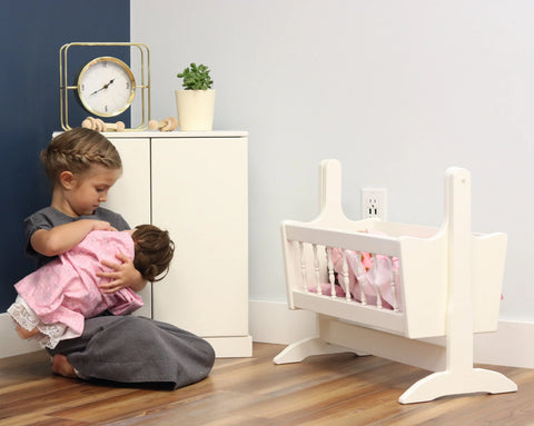 Amish Handmade Wooden Doll Swinging Cradle Poplar Wood with Bedding Set | Made in USA Amish Toy Box  Doll Furniture