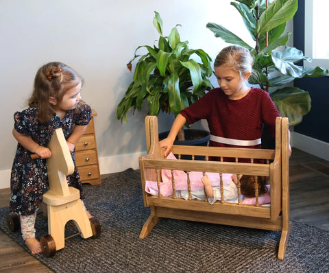 Amish Handmade Wooden Doll Swinging Cradle Poplar Wood with Bedding Set | Made in USA Amish Toy Box  Doll Furniture