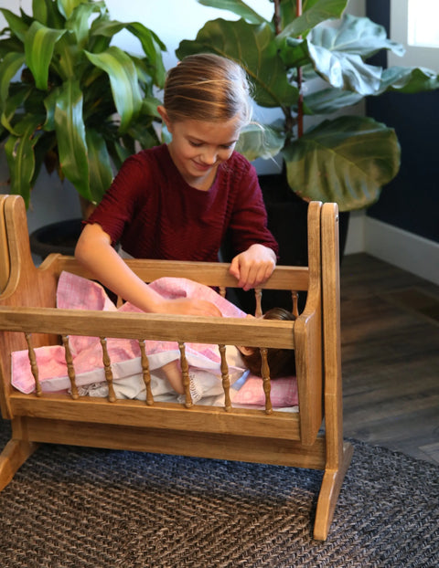Amish Handmade Wooden Doll Swinging Cradle Poplar Wood with Bedding Set | Made in USA Amish Toy Box  Doll Furniture