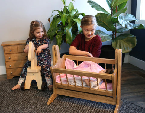 Amish Handmade Wooden Doll Swinging Cradle Poplar Wood with Bedding Set | Made in USA Amish Toy Box  Doll Furniture