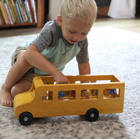 Amish Handmade Wooden School Bus Toy 9.5 Inch with Rolling Wheels – Non-Toxic Finish | Made in USA Amish Toy Box  Wooden Toys,Trains, Trucks and Things