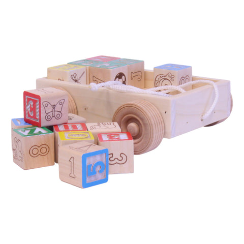 Amish Handmade Wooden Toddler Pull-String Wagon With 15 Alphabet Blocks – Durable Educational Toy | Made in USA Amish Toy Box  Wooden Toys
