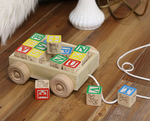 Amish Handmade Wooden Toddler Pull-String Wagon With 15 Alphabet Blocks – Durable Educational Toy | Made in USA Amish Toy Box  Wooden Toys