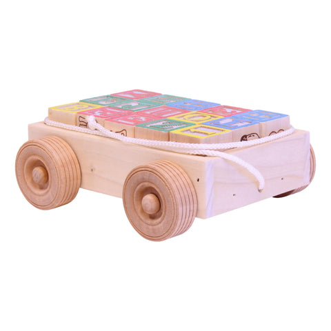 Amish Handmade Wooden Toddler Pull-String Wagon With 15 Alphabet Blocks – Durable Educational Toy | Made in USA Amish Toy Box  Wooden Toys