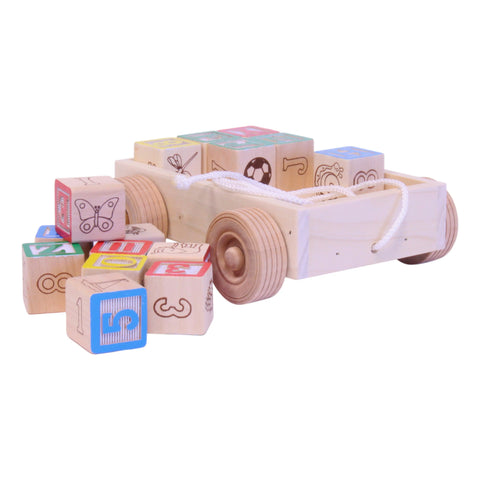 Amish Handmade Wooden Toddler Pull-String Wagon With 15 Alphabet Blocks – Durable Educational Toy | Made in USA Amish Toy Box  Wooden Toys