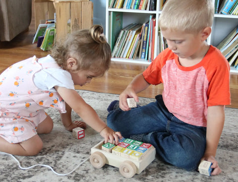 Amish Handmade Wooden Toddler Pull-String Wagon With 15 Alphabet Blocks – Durable Educational Toy | Made in USA Amish Toy Box  Wooden Toys