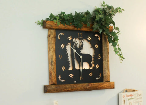 Amish-Made Rustic Wall Clock 25x22 Inch – Pine Log Frame with Metal Deer Art | Handmade in USA Amish Toy Box  Clock