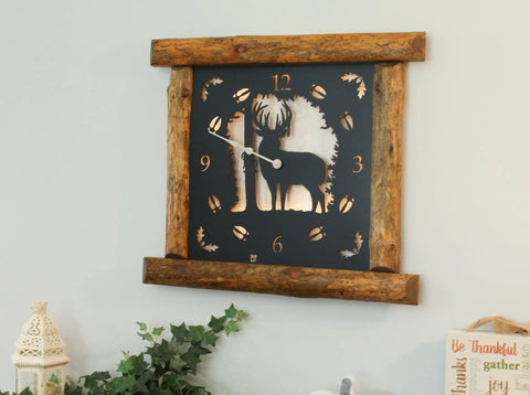 Amish-Made Rustic Wall Clock 25x22 Inch – Pine Log Frame with Metal Deer Art | Handmade in USA Amish Toy Box  Clock