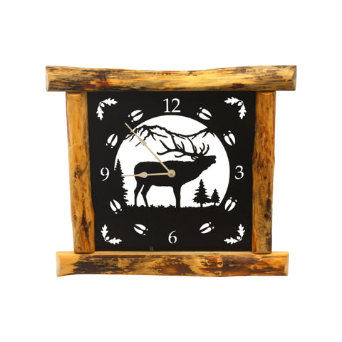 Amish-Made Rustic Wall Clock 25x22 Inch – Pine Log Frame with Metal Deer Art | Handmade in USA Amish Toy Box  Clock