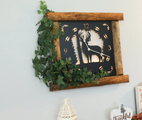 Amish-Made Rustic Wall Clock 25x22 Inch – Pine Log Frame with Metal Deer Art | Handmade in USA Amish Toy Box  Clock