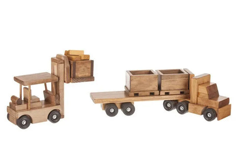 Amish-Made Wooden Semi Truck And Flatbed Trailer Toy Set With Forklift And Removable Bins | Made In USA Amish Toy Box  Wooden Toys,Trains, Trucks and Things