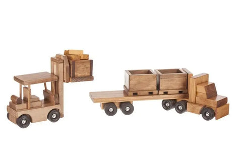 Amish-Made Wooden Semi Truck And Flatbed Trailer Toy Set With Forklift And Removable Bins | Made In USA Amish Toy Box  Wooden Toys,Trains, Trucks and Things