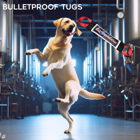 A joyful Labrador leaps in an industrial space, eagerly eyeing a red and black Amphibious Fire Hose Training Tug by Bulletproof Pet Products Inc floating nearby.