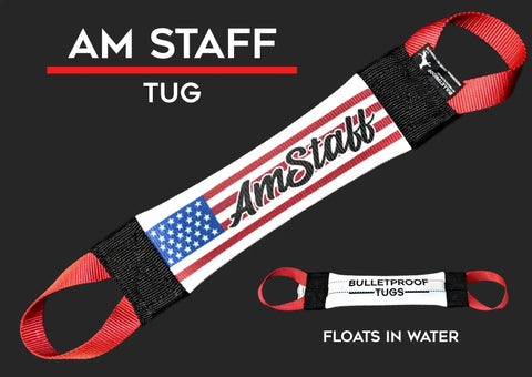 Made in the USA by Bulletproof Pet Products Inc, the Amstaff Fire Hose Training Tug features Am Staff and an American flag design, black ends, red handles, and Bulletproof Tugs with Floats in Water on the reverse.