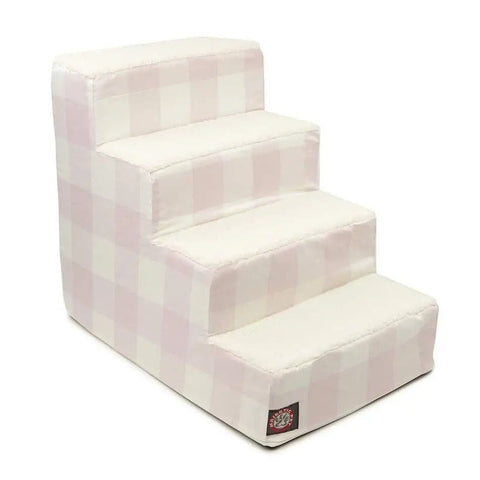 The Majestic Pet Anderson Check 4 Steps Pet Stairs (Heavy-Duty) feature soft, cushioned steps and a pink and white check fabric cover, making it easy and comfortable for small animals to reach higher surfaces.
