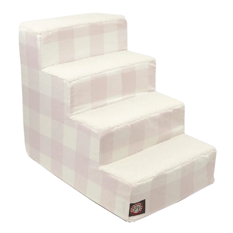 The Majestic Pet Anderson Check 4 Steps Pet Stairs (Heavy-Duty) in pink and white plaid help small dogs and cats reach higher surfaces easily.