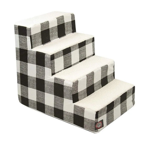 The Majestic Pet Anderson Check 4 Steps Pet Stairs feature a stylish black and white buffalo plaid design with cream steps, providing pets a safe, sturdy way to reach higher surfaces.