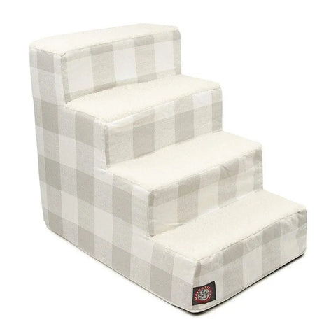 The Majestic Pet Anderson Check 4 Steps Pet Stairs (Heavy-Duty) features a soft beige and white check fabric, making it ideal for helping small or elderly pets safely reach higher surfaces.