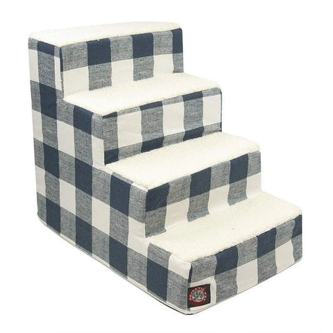 The Majestic Pet Anderson Check 4 Steps Pet Stairs (Heavy-Duty) feature a black and white check design and white textured steps, making it easy for pets to safely reach higher places.