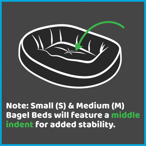 Illustration of the Anderson Check Bagel Bed - Personalized by Majestic Pet shows a middle indent. Text: “Note: Small (S) & Medium (M) beds include a middle indent for enhanced spine support and stability.”.