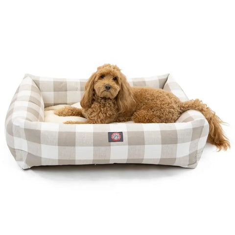 A curly, light brown dog lies on the Majestic Pet Anderson Check Luxe Bagel Bed, featuring a beige and white plaid design and a machine washable slipcover, looking toward the camera.